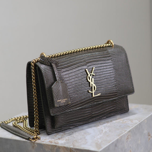 YSL 25S SUNSET MEDIUM 22 IN BROWN LIZARD-EMBOSSED CALFSKIN GOLD HARDWRE