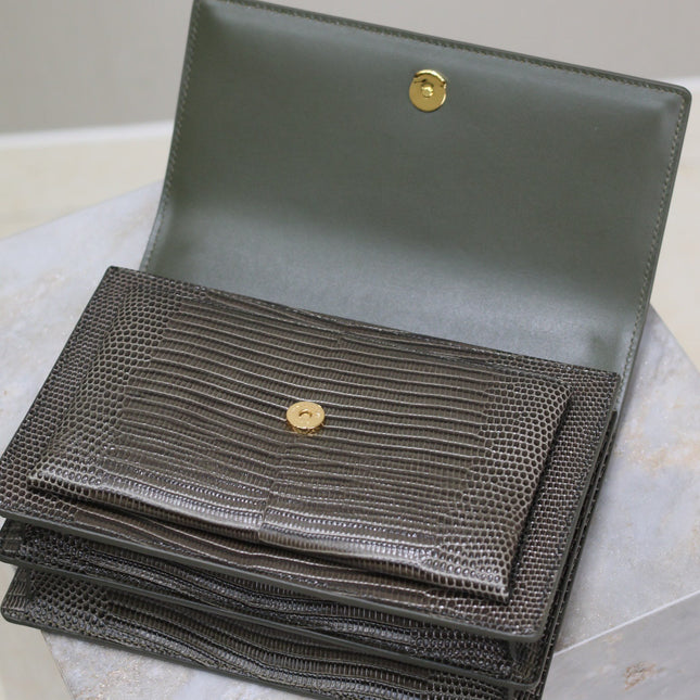 YSL 25S SUNSET MEDIUM 22 IN BROWN LIZARD-EMBOSSED CALFSKIN GOLD HARDWRE