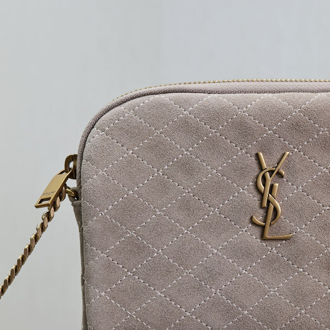 GABY ZIPPED POUCH 19 IN GRAY MATTE SUEDE GOLD HARDWARE