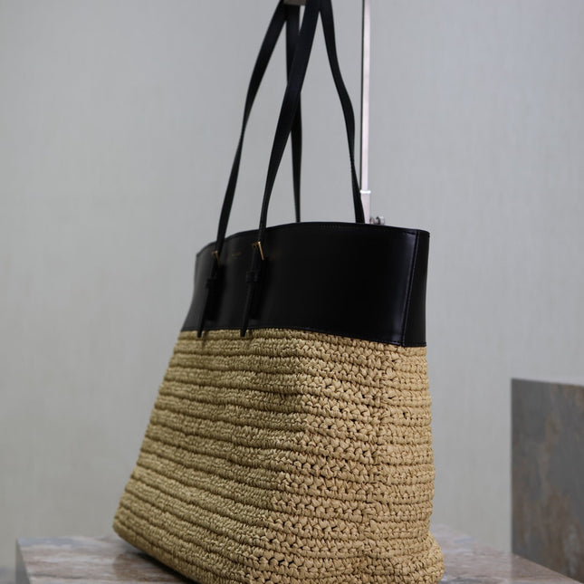 SHOPPING TOTE BAG 38 IN BEIGE WOVEN RAFFIA AND BLACK CALFSKIN
