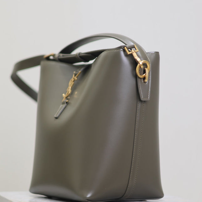 YSL 25S LE 5 À 7 BUCKET 26 IN DARK OLIVE CALFSKIN GOLD HARDWRE