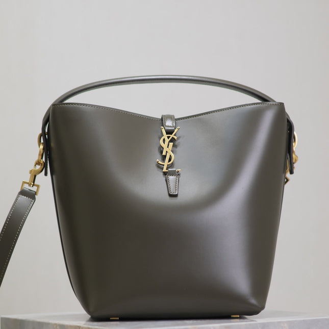 YSL 25S LE 5 À 7 BUCKET 26 IN DARK OLIVE CALFSKIN GOLD HARDWRE