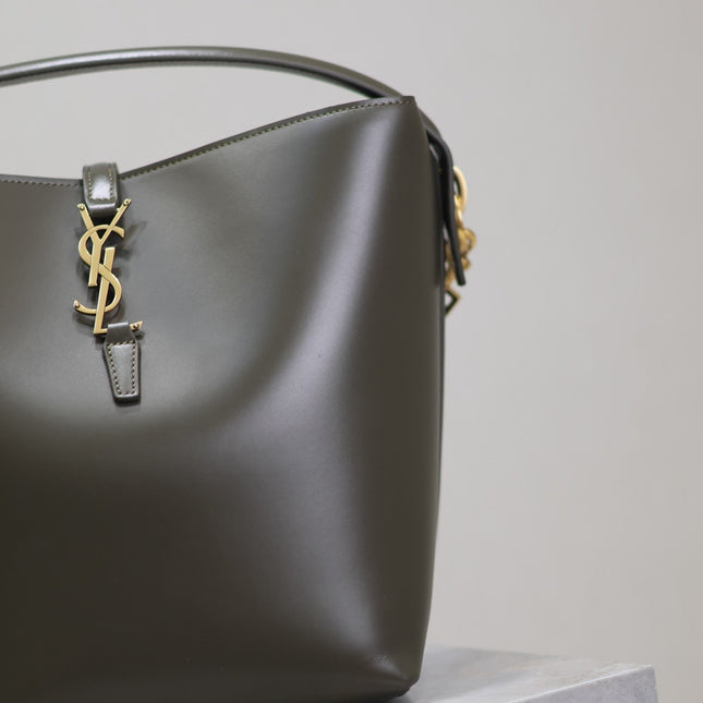 YSL 25S LE 5 À 7 BUCKET 26 IN DARK OLIVE CALFSKIN GOLD HARDWRE