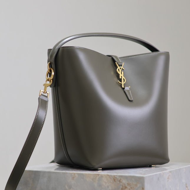 YSL 25S LE 5 À 7 BUCKET 26 IN DARK OLIVE CALFSKIN GOLD HARDWRE