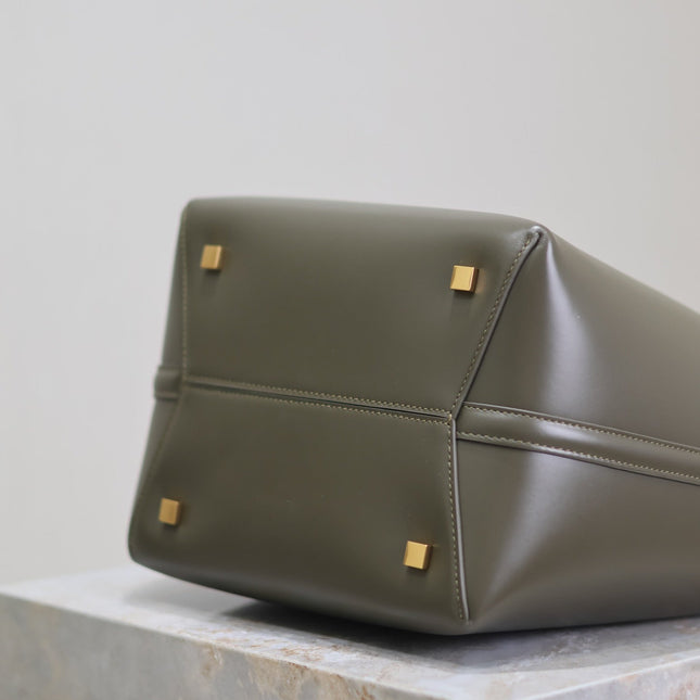 YSL 25S LE 5 À 7 BUCKET 26 IN DARK OLIVE CALFSKIN GOLD HARDWRE