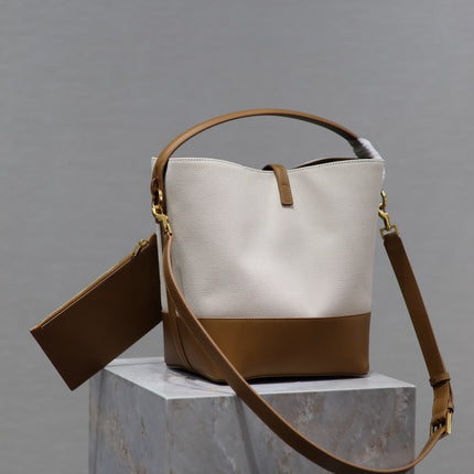 YSL 25S LE 5 À 7 BUCKET 26 IN CREAM BROWN CALFSKIN AND CANVAS GOLD HARDWRE