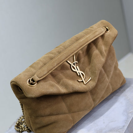 YSL 25S LOULOU PUFFER MM 29 IN TAN BROWN SUEDE GOLD HARDWRE
