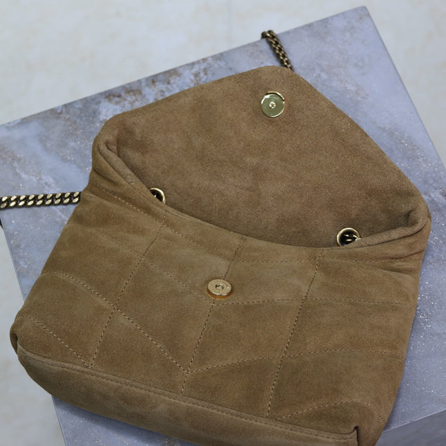 YSL 25S LOULOU PUFFER MINI 23 IN TAN BROWN SUEDE GOLD HARDWRE