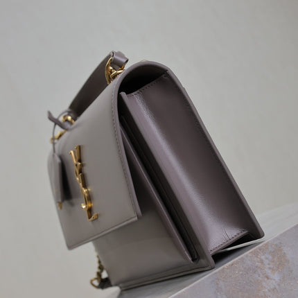 YSL 25S SUNSET MM 25 IN GRAYISH PURPLE CALFSKIN GOLD HARDWRE