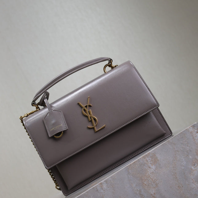 YSL 25S SUNSET MM 25 IN GRAYISH PURPLE CALFSKIN GOLD HARDWRE