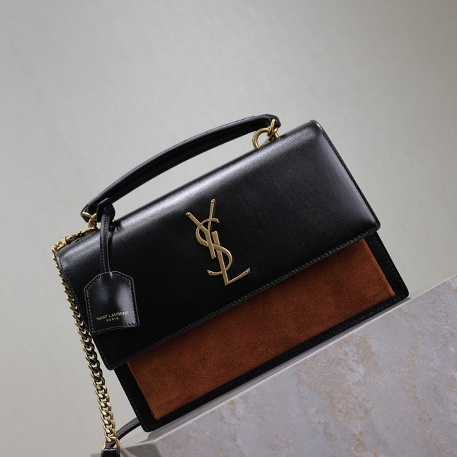 YSL 25S SUNSET MM 25 IN BLACK CALFSKIN AND CARAMEL SUEDE GOLD HARDWRE