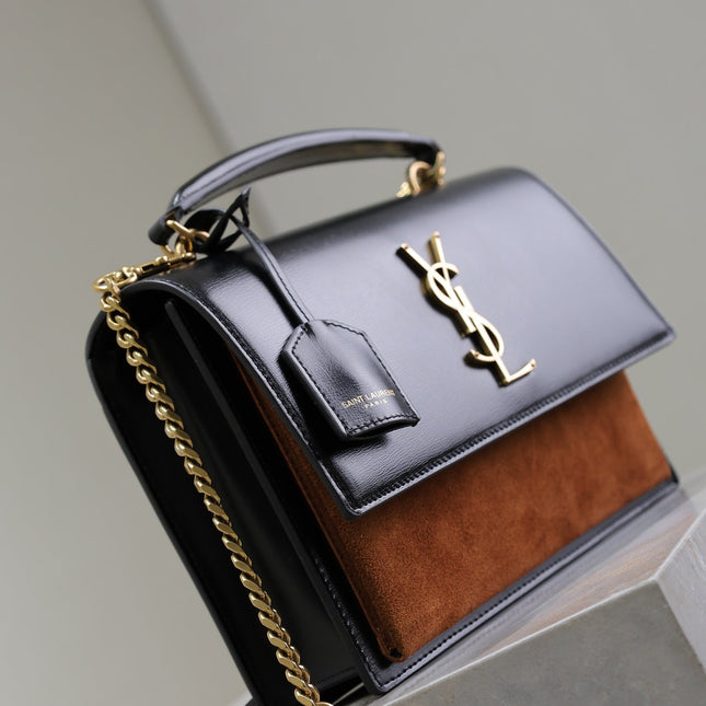 YSL 25S SUNSET MM 25 IN BLACK CALFSKIN AND CARAMEL SUEDE GOLD HARDWRE