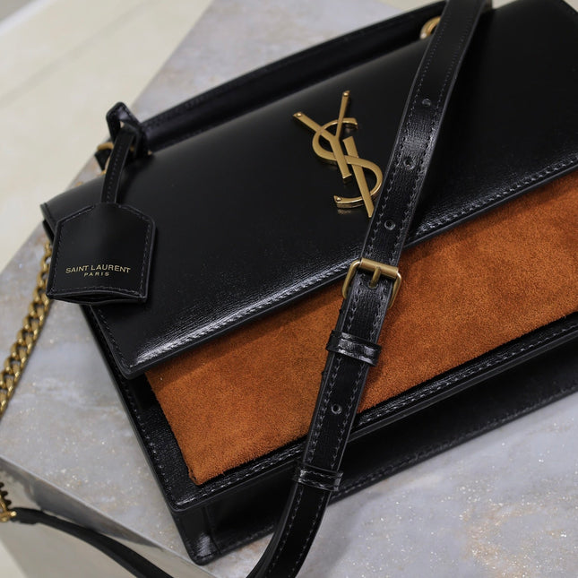 YSL 25S SUNSET MM 25 IN BLACK CALFSKIN AND CARAMEL SUEDE GOLD HARDWRE