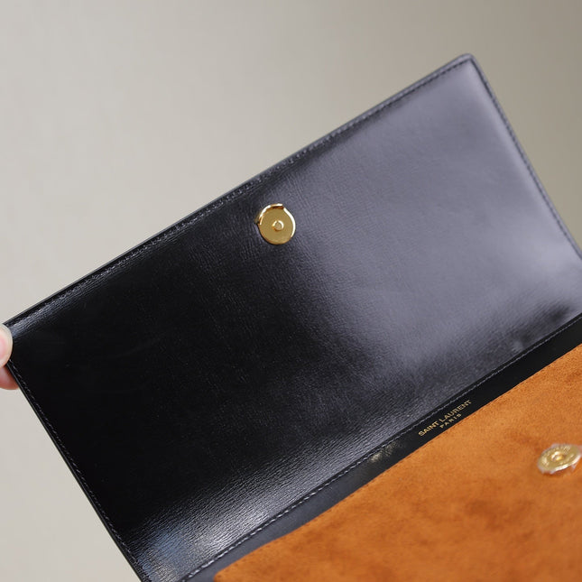 YSL 25S SUNSET MM 25 IN BLACK CALFSKIN AND CARAMEL SUEDE GOLD HARDWRE
