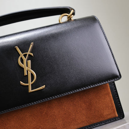 YSL 25S SUNSET MM 25 IN BLACK CALFSKIN AND CARAMEL SUEDE GOLD HARDWRE