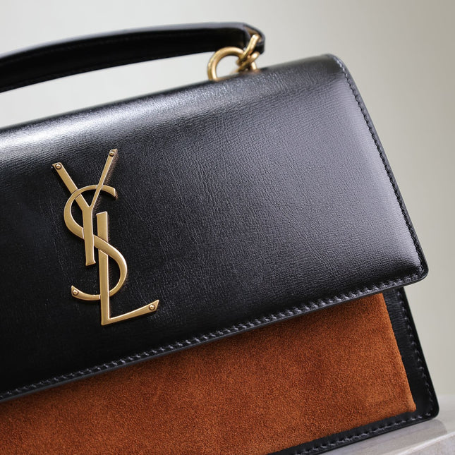 YSL 25S SUNSET MM 25 IN BLACK CALFSKIN AND CARAMEL SUEDE GOLD HARDWRE