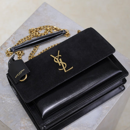 YSL 25S SUNSET BAG 22 IN BLACK CALFSKIN AND SUEDE GOLD HARDWRE