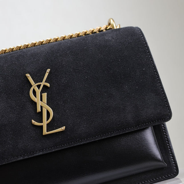 YSL 25S SUNSET BAG 22 IN BLACK CALFSKIN AND SUEDE GOLD HARDWRE