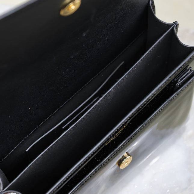 YSL 25S SUNSET MEDIUM 22 IN BLACK SHINY CALFSKIN GOLD HARDWRE