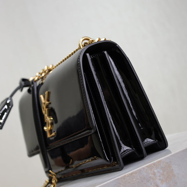 YSL 25S SUNSET MEDIUM 22 IN BLACK SHINY CALFSKIN GOLD HARDWRE