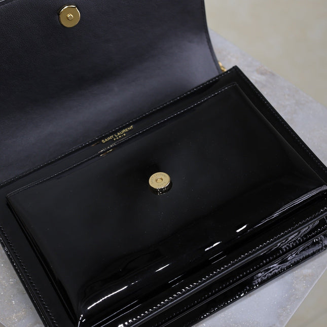 YSL 25S SUNSET MEDIUM 22 IN BLACK SHINY CALFSKIN GOLD HARDWRE