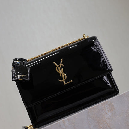 YSL 25S SUNSET MEDIUM 22 IN BLACK SHINY CALFSKIN GOLD HARDWRE