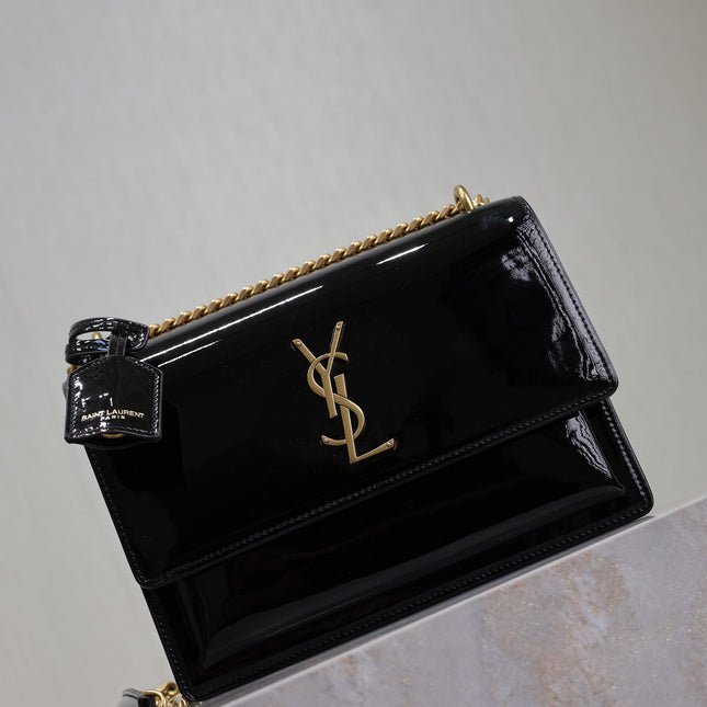 YSL 25S SUNSET MEDIUM 22 IN BLACK SHINY CALFSKIN GOLD HARDWRE