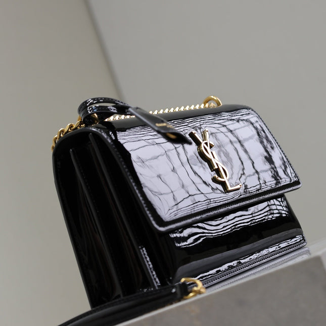 YSL 25S SUNSET MEDIUM 22 IN BLACK SHINY CALFSKIN GOLD HARDWRE