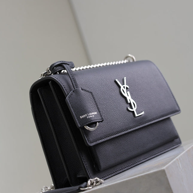 YSL 25S SUNSET MEDIUM 22 IN BLACK GRAINED CALFSKIN SILVER HARDWRE