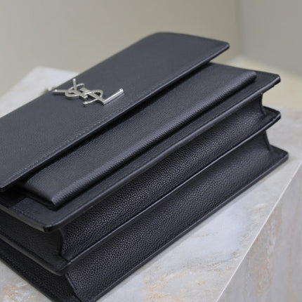 YSL 25S SUNSET MEDIUM 22 IN BLACK GRAINED CALFSKIN SILVER HARDWRE
