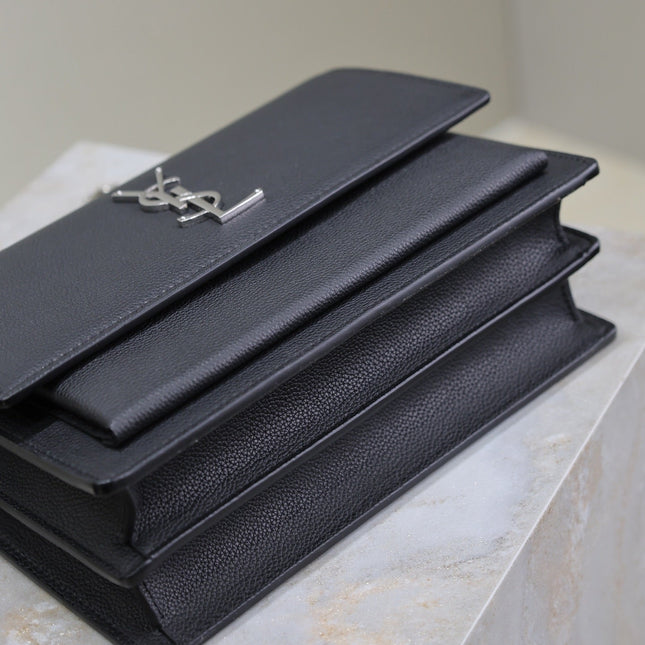 YSL 25S SUNSET MEDIUM 22 IN BLACK GRAINED CALFSKIN SILVER HARDWRE