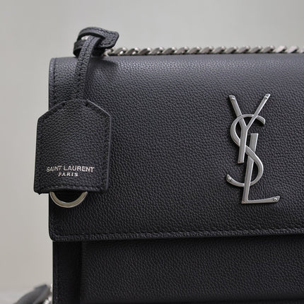 YSL 25S SUNSET MEDIUM 22 IN BLACK GRAINED CALFSKIN SILVER HARDWRE