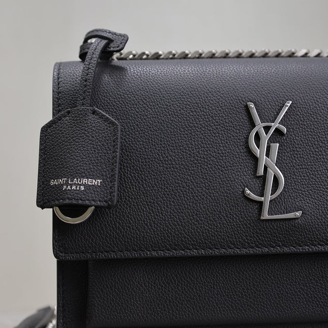YSL 25S SUNSET MEDIUM 22 IN BLACK GRAINED CALFSKIN SILVER HARDWRE