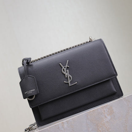 YSL 25S SUNSET MEDIUM 22 IN BLACK GRAINED CALFSKIN SILVER HARDWRE