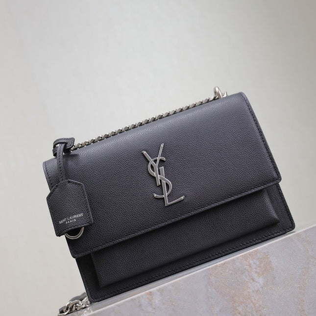 YSL 25S SUNSET MEDIUM 22 IN BLACK GRAINED CALFSKIN SILVER HARDWRE