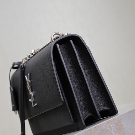 YSL 25S SUNSET MEDIUM 22 IN BLACK GRAINED CALFSKIN SILVER HARDWRE