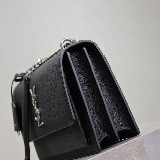 YSL 25S SUNSET MEDIUM 22 IN BLACK GRAINED CALFSKIN SILVER HARDWRE