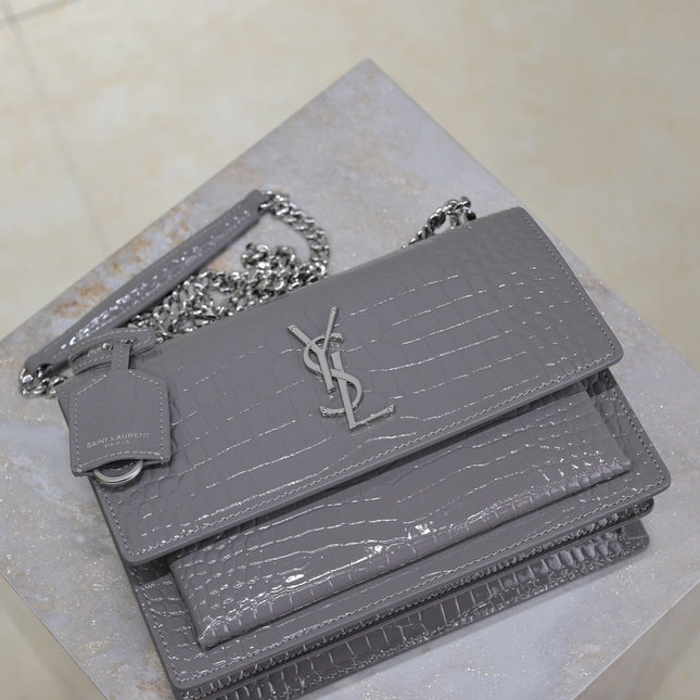 YSL 25S SUNSET MEDIUM 22 IN DARK GRAY CROCODILE-EMBOSSED SHINY CALFSKIN SILVER HARDWRE