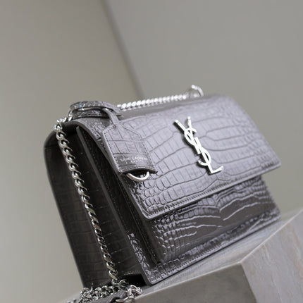 YSL 25S SUNSET MEDIUM 22 IN DARK GRAY CROCODILE-EMBOSSED SHINY CALFSKIN SILVER HARDWRE