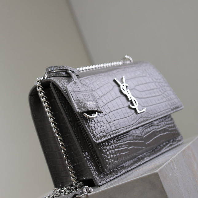YSL 25S SUNSET MEDIUM 22 IN DARK GRAY CROCODILE-EMBOSSED SHINY CALFSKIN SILVER HARDWRE