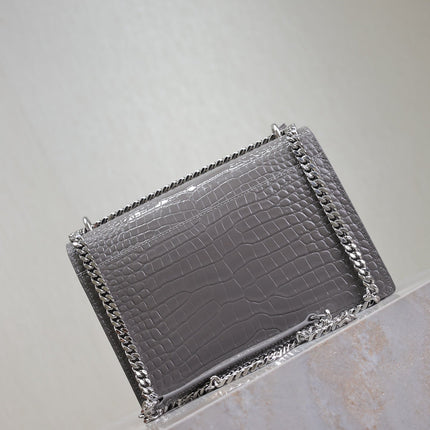 YSL 25S SUNSET MEDIUM 22 IN DARK GRAY CROCODILE-EMBOSSED SHINY CALFSKIN SILVER HARDWRE