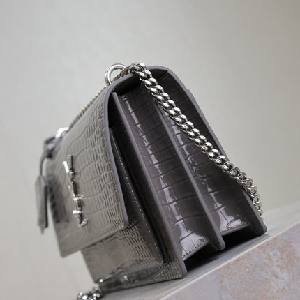YSL 25S SUNSET MEDIUM 22 IN DARK GRAY CROCODILE-EMBOSSED SHINY CALFSKIN SILVER HARDWRE