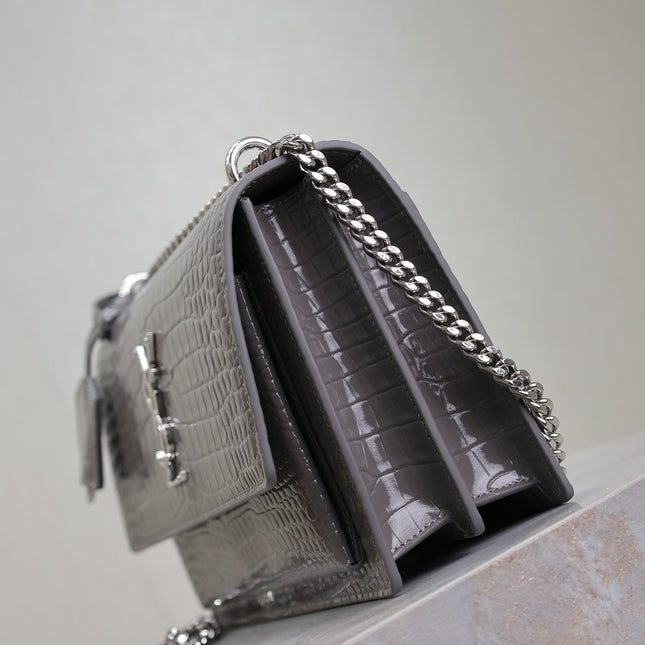 YSL 25S SUNSET MEDIUM 22 IN DARK GRAY CROCODILE-EMBOSSED SHINY CALFSKIN SILVER HARDWRE