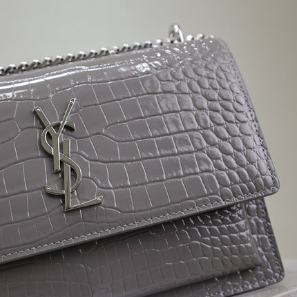 YSL 25S SUNSET MEDIUM 22 IN DARK GRAY CROCODILE-EMBOSSED SHINY CALFSKIN SILVER HARDWRE