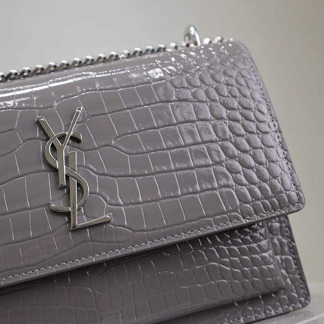 YSL 25S SUNSET MEDIUM 22 IN DARK GRAY CROCODILE-EMBOSSED SHINY CALFSKIN SILVER HARDWRE