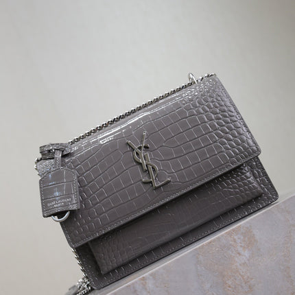 YSL 25S SUNSET MEDIUM 22 IN DARK GRAY CROCODILE-EMBOSSED SHINY CALFSKIN SILVER HARDWRE