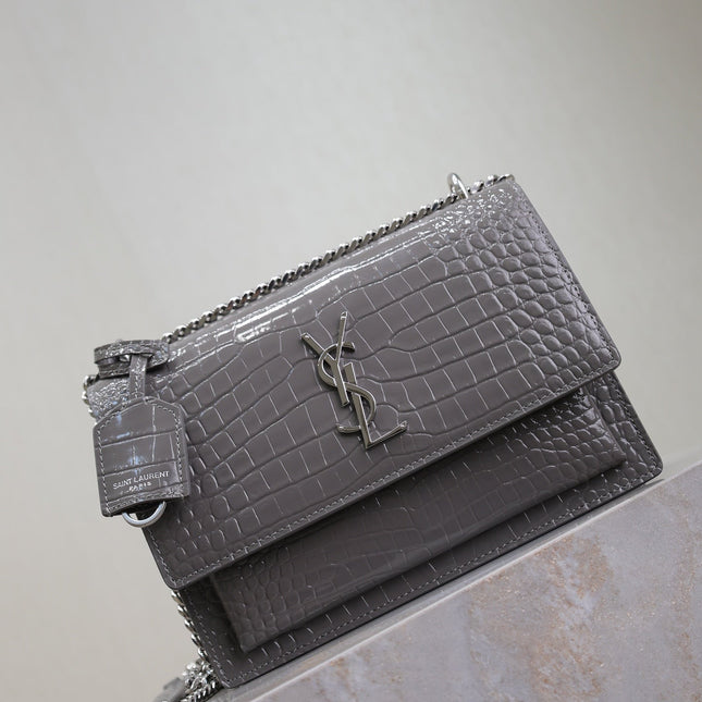 YSL 25S SUNSET MEDIUM 22 IN DARK GRAY CROCODILE-EMBOSSED SHINY CALFSKIN SILVER HARDWRE