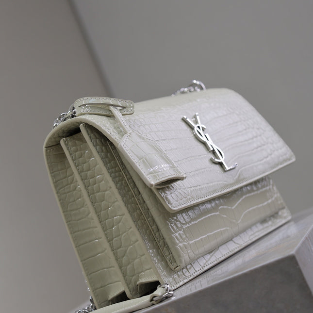 YSL 25S SUNSET MEDIUM 22 IN IVORY CROCODILE-EMBOSSED SHINY CALFSKIN SILVER HARDWRE