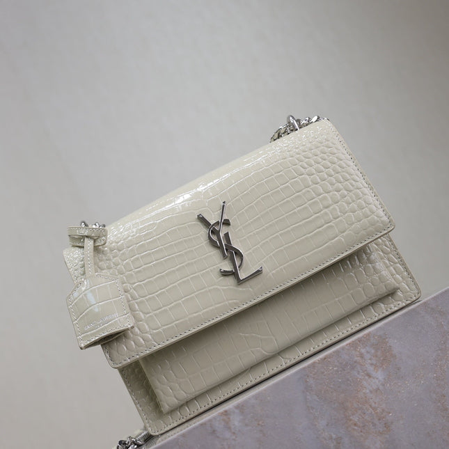 YSL 25S SUNSET MEDIUM 22 IN IVORY CROCODILE-EMBOSSED SHINY CALFSKIN SILVER HARDWRE
