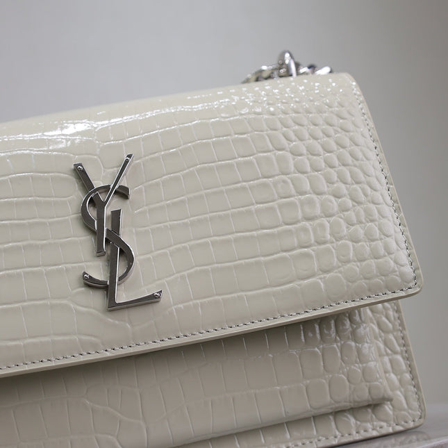 YSL 25S SUNSET MEDIUM 22 IN IVORY CROCODILE-EMBOSSED SHINY CALFSKIN SILVER HARDWRE
